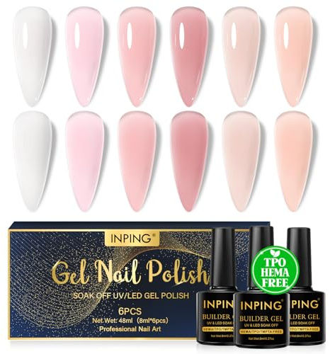 INPING 8-i-1 uppbyggnadsgel för gelnaglar, TPO-FREE HEMA-FREE, 6 färger klar vit rosa naken för snabb förlängning builder gel Base Top Coat UV nagellack för naglar i en flaska perfekt present till | Klar vit rosa naken för Quick Extension Builder Gel Base Top Coat UV nagellack för naglar i en flaska perfekt present