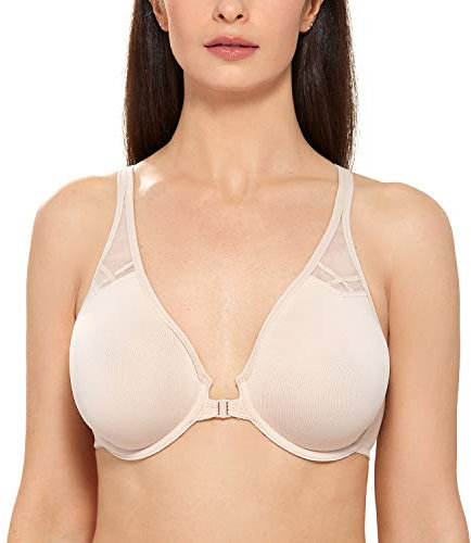 Delimira Women's Front Fastening Bras Underwire Unlined Racerback Plus Size Bra Beige 34F