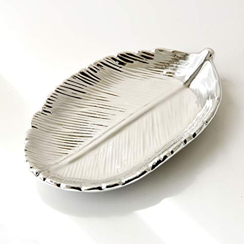 AKOAK 1 Pack Ceramic Silver Leaf-Shaped Jewelry/Keys/Small Objects Storage Tray, Candy, Snack Tray, Photo Props Home Decor Mini Accessories (Silver)