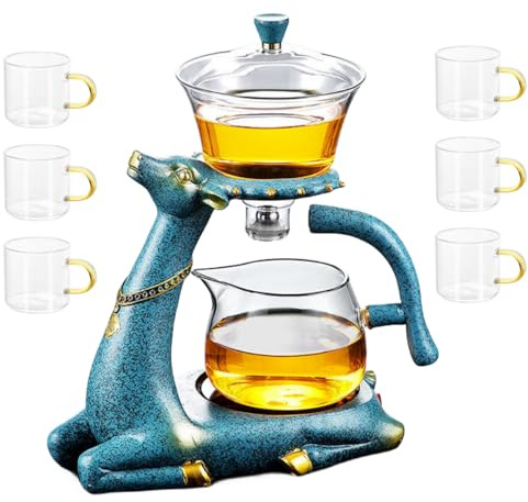 Mozeo Set di tè in vetro Kungfu resistente al calore con riscaldatore magnetico di deviazione dell'acqua coperchio rotante ciotola pigro semi-automatico di cervo con 6 tazze da tè (C#)