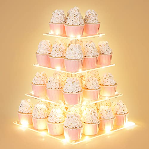 Suneerplay 4 Tier Cupcake Stand with LED String Light, Acrylic Cupcake Display Stand, Square Cupcake Tower Holder, Cup Cake Stand for Birthday, Wedding, Baby Shower, Party