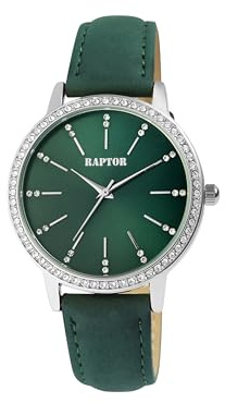 Raptor Brilliance Damen-Uhr Echt Leder Armband Strass Glitzer Elegant Analog Quarz RA10176 (grün silberfarbig)