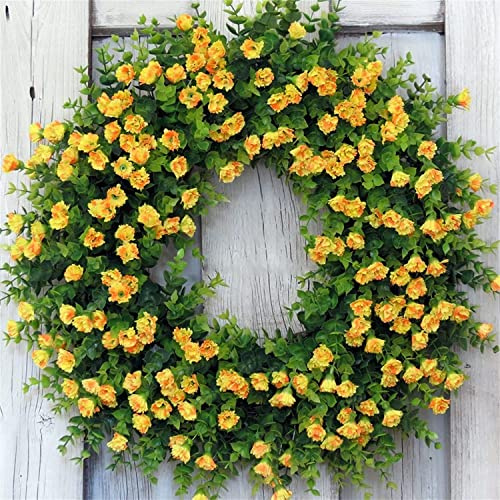 45cm Door Wreath,Spring Summer Wildflower Wreath Decorative Garland for Front Door Outdoor,Large Artificial Eucalyptus Wreaths With Flowers for Farmhouse Home Garden Party Wedding Decor (Yellow)