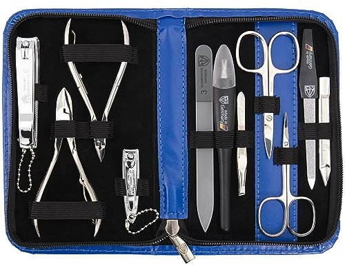 DREI SCHWERTER - Germany 10-tlg. Maniküreset 'Spezia' | Maniküre Nagelset im Kunstlederetui blau | Inhalt: Nagelschere, Hautschere, Nagelzange, Pinzette, Glasnagelfeile uvm