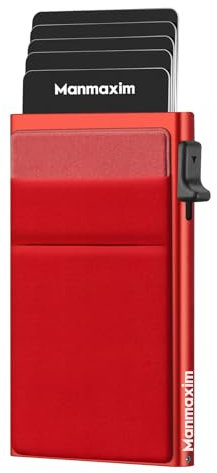 Manmaxim Kreditkartenetui Geldbörse RFID, Slim Wallet mit Münzfach, Minimalist Lockcard Pop up Cardholder Wallet for Women Herren, Kartenetui 5-7 Karten Metall Aluminium Portemonnaie Rot
