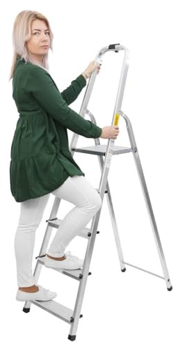 STREND PRO Trittleiter 5 Stufen Klappbar | max.125kg | Haushaltsleiter 5 Stufen | Stehleiter Alu für Arbeiten in Küche/Haushalt/Garage/Renovierung | Leiter 1,68m/2,97m | Aluleiter