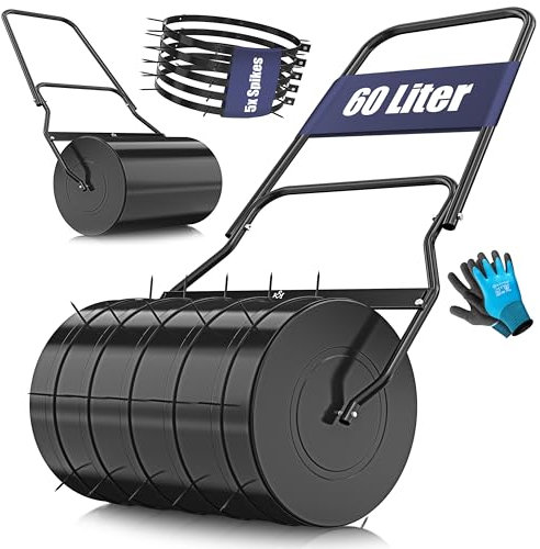 KESSER® Rouleau à gazon en métal à remplir avec de l'eau ou du sable avec un volume de remplissage de 60 litres et 50 cm de large - Rouleau de jardin avec 5 pointes et gants - Noir