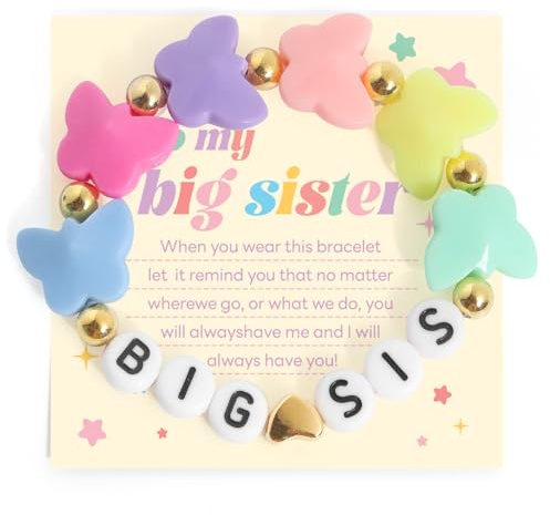 Lorenleya Big Sister Bracelets, Heart Charm Beads Stackable Bracelet Surfer Stretch Accessories Jewelry Gift for Big Sis (Butterfly)