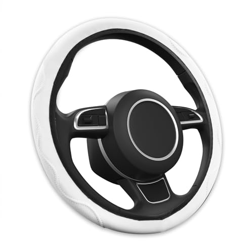 Coprivolante in Pelle, Protettore del Volante Antiscivolo e Traspirante per Donne e Uomini, Universale 15 Pollici (38 cm) Elastico Elegante e Inodore, Accessori Auto per Auto, Camion, SUV (Bianco)