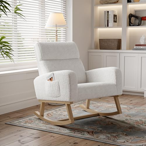 LIVLUX Fauteuil à Bascule, Rocking Chair avec Accoudoirs, Fauteuil Allaitement, Chaise de Relaxation Moderne,Pieds en Bois Massif, pour Salon Chambre à Coucher Balcon Jardin (Blanc, 69 x 78 x 87 cm)