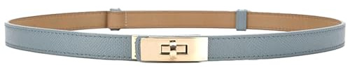 HATOFES Women Ladies Adjustable Skinny Leather Belt Solid Alloy Turn Lock Slim Thin Waist Belt Waistband Decorative Belt For Dresses Jeans Pants (Light Blue/Gold)
