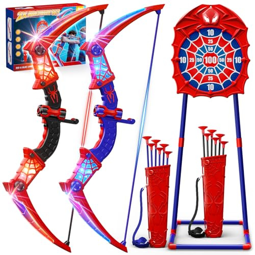Kidluna Lot de 2 ArcFlèche avec LED Rouge Bleu, Cible Araignée sur Pied & Carquois Araignée Jouet Cadeau Garçon 3 4 5 6 7 8 9 10 11 12 Ans, Jouet Jeux Cadeau Enfant 3-12 Ans Garçon Fille