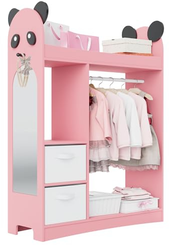 Hironpal Kid Dress Up Storage with Mirror Kids Wardrobe Dressing Up Rail Open Hanging Costume Armoire Closet Pretend Storage Organizer Children Clothes Center for Girl Bedroom (Panda, 2 Drawer, Pink)