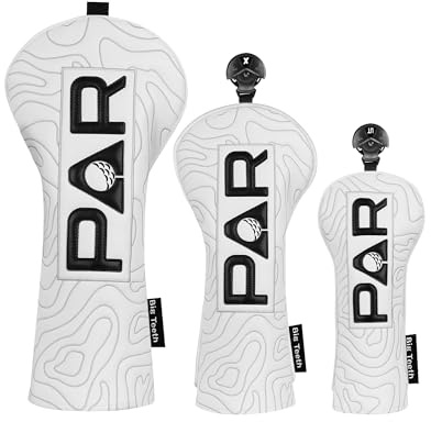 Lot de 3 housses de club de golf en bois 1FH DR FW UT pour conducteur de parcours hybride avec fermeture élastique en cuir synthétique blanc, motif PAR noir