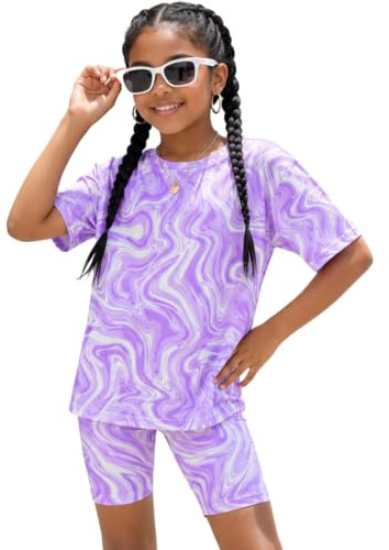 Rynzola Teen Outfit for Girls 2 Piece Crew Neck Short Sleeve Tee + Shorts Summer Casual Set for Kids (Purple, 7-8T)