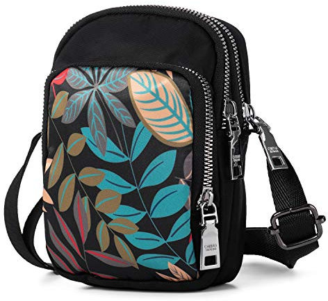 LaRechor Kleine Umhängetasche Handytasche zum Umhängen Bunte Blätter Damen Mini Crossbody Tasche mit 3 Fächer und Langer Riemen