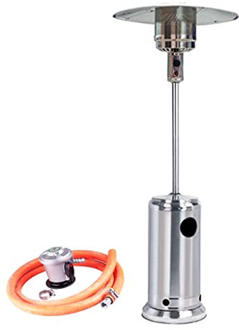 Bricoloco Estufa exterior de gas butano o propano para terrazas con regulador de temperatura. Calefactor exterior con ruedas para áreas ventiladas. Incluye manguera y regulador de gas. (Inoxidable)