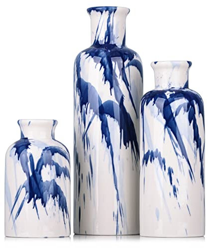 Juego de 3 jarrones de cerámica Azul – Jarrón Decorativo Azul Marino y Blanco para centros de Mesa, decoración de Granja y hogar, Sala de Estar, Cocina, Dormitorio, Mesa de Comedor y Decor de Oficina