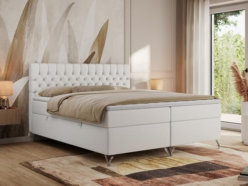 MKS MEBLE Boxspringbett 160x200, Bett mit Matratze H3, Boxspringbett mit Bettkasten und Topper, Polsterbett mit Füße - GRIMALDI - 160x200 - Weiß Kunstleder - H3