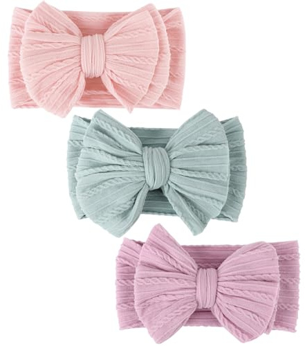DRESHOW BQUBO Handmade Baby Headbands Soft & Stretchy Hair Bands with Bows Nylon Bows Hairbands for Girls Newborn Infant Toddlers Hair Accessories 3 pack