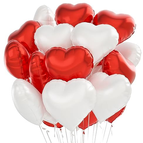 Herz Folienballons rot weiß 24 Stück - Herzballons für Hochzeit, Geburtstag, Valentinstag & Muttertag (rot weiß)
