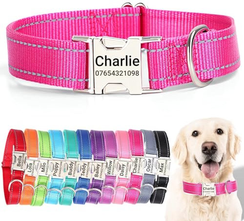 SEOUGEE Personalised Dog Collar with Engraved Metal Buckle, Reflective Nylon Collars for Small Medium Large Dogs with Custom Name Plate Phone Number (Rose Red, M:Neck 35-50cm,Width 2cm)