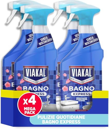 Viakal Express Spray Anticalcare Bagno, Confezione da 4 x 720ml, Fragranza Fiori Eleganti, Tecnologia Anti-Goccia, Elimina Fino Al 100% Di Calcare e Residui di Sapone, Con Segnalibro Viakal
