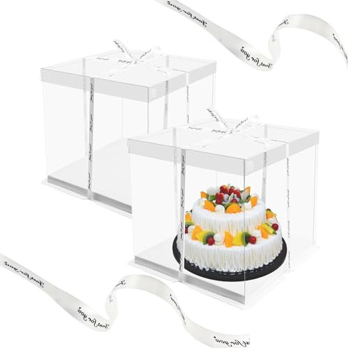 Shiawase Boite a Gateau Transparente, Cake Box Transparente avec Ruban 30x30x25cm Carré pour Dessert Anniversaire/Fête