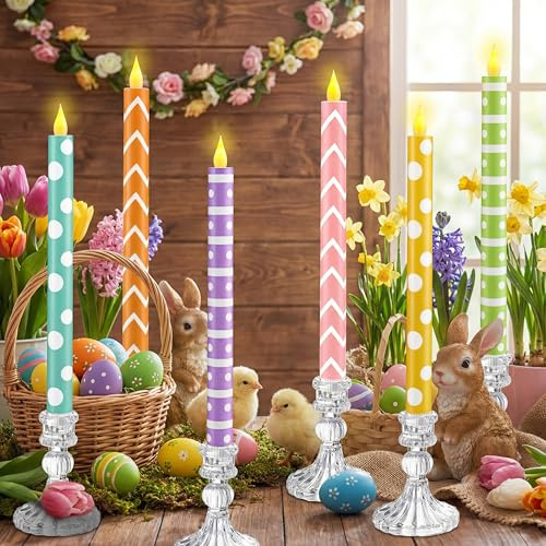 Honoson 6 Pcs Easter Flameless Taper Candles 10.6 Inch Colorful Candles Battery Operated LED Candlesticks for Easter Dinner Table Home Party Decor