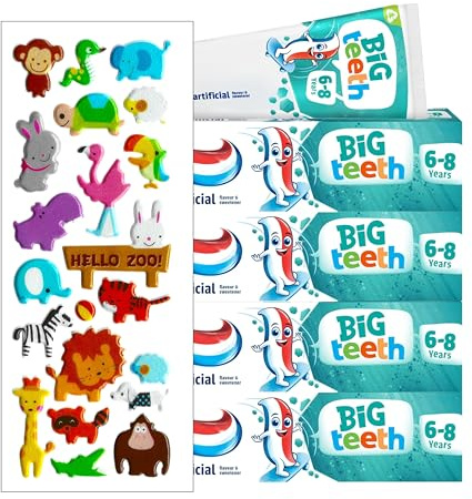 4 Pack Bundle - Big Teeth Age 6-8 Years (4X 50ml). A Hadco Bundle with a Puffy Sticker Sheet Included (Stickers Chosen at Random) Kids Toothpaste.