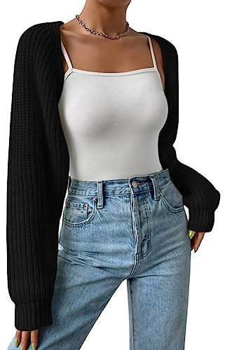 Edhomenn Women's Cropped Cardigans Long Sleeve Knit Shrug Open Front Ribbed Bolero Tops Summer Vacation Clothes (03 Black, L)