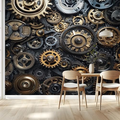 Carta Da Parati 3d Fotomurale Ingranaggi metallici Murali Per Soggiorno Divano Tv Hotel A Tema Corridoio Di Lusso Sfondo Dipinto Murale 300cm (L) X210cm (A)118 x 82 inch