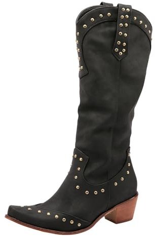 MJGkhiy Botas De Mujer Texanas Cowboy Western Camperos Zapatos Boots De Invierno Caliente Botas De Rodilla Elegantes Piel Bota Con Tacón De Bloque Negro Marrón, gris oscuro, 38 EU