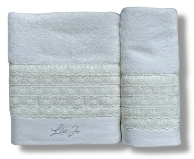 Liu Jo Milano Set Asciugamani Art. Paradiso – Viso 55x100 cm e Ospite 38x58 cm in Spugna 100% Cotone 500 gsm – Con Pizzo e Logo Lurex – In Scatola (Avorio)