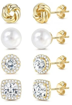 Morfetto 4 Pares Pendientes Mujer Plata de Ley 925 Chapados Oro 14K Hipoalergénicos Redondas/Cuadradas Zirconia Cúbica Pendientes Brillante Nudo Perla Pendiente Boton Regalo
