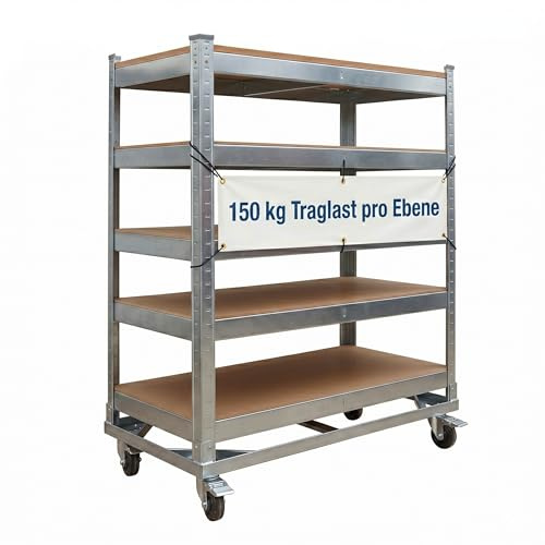 Relaxdays Carro de 5 Niveles, Ruedas con Freno, hasta 750 kg, HBT: 110x90x45 cm, Carro de Taller móvil, Acero, Plateado