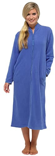 Ladies Soft Fleece Long Dressing Gown Sizes UK 10 to 24 Robe Zip Front Pockets (Blue, 14/16)