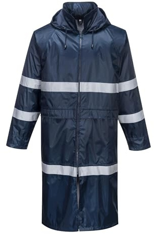 Portwest F438 Men's Waterproof Raincoat - Reflective Long Rain Jacket with Hood and Pockets Navy, X-Large