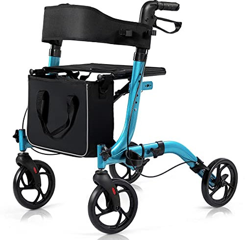COSTWAY 4 Wheels Rollator Walker with Seat, Folding Mobility Walker with Brake System, Adjustable Handle, Cane Holder & Storage Bag, Lightweight Walking Aid for Elderly (Blue, 54 x 74 x 82-95cm)