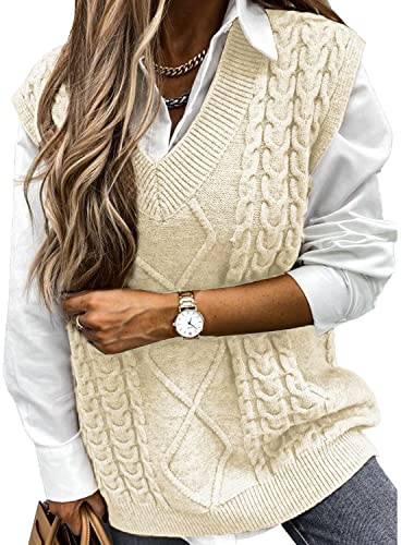 Niwicee Sweater Vest Knitted Sleeveless Jumpers Tank Top Streetwear Knitwear Plaid Pullovers Sweatshirts Oversized V Neck Cable Knit Vintage Retro Stylish Spring Autumn Winter Chunky Women(White,XL)