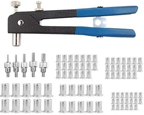 POIU 86 Pcs Rivet Nut Tool Kit, Rivet Gun, Heavy Duty Hand Riveter Set with M3/M4/M5/M6/M8 Threaded Rivet Nut and Mandrel, For Furniture, Car, DIY