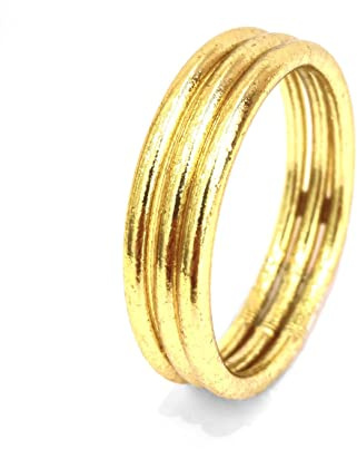 Bracelet Bouddhiste véritable jonc de temple Thaïlande avec Mantra porte bonheur - Feuille d'or véritable - Vendus en Lots de 3 ou 5, Bicolore et tressés à l'unité (S - 62mm, Doré - Lot de 3)