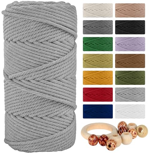Light Gray Macrame Cord 5mm x 109 Yards, Munzong 100m Colorful Handmade Natural Cotton Rope Macrame Yarn 4 Strand Twisted Craft Cords for Wall Hanging Plant Hangers Crafts Knitting Decorative Project