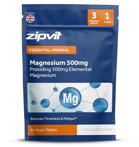 Zipvit Magnesium 500mg, 90 Vegan Tablets, High Strength Magnesium Supplement, Supports Bones and Teeth, Muscle Energy, Reduces Tiredness and Fatigue, 3 Month Supply