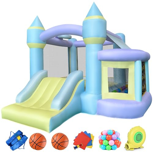 RETRO JUMP Bounce House,Inflatable Bounce House,Bouncy House with Blower,Bouncy Castle with Slide,Kids Bounce House with Jump Area,Ball Pit&Basketball Rim, Includes Balls,Storage Bag,Patch Kits,Stakes