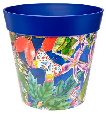 Hum Flowerpots, 25cm, Various Patterns Colours and Sizes, Indoor/Outdoor Plastic Plant Pot, Blue Leaves and Butterflies