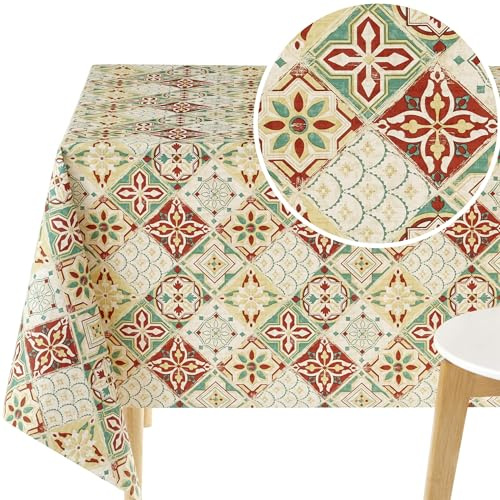 KP HOME Mantel Hule Mesa Rectangular 200x140 Patrón de Azulejos de Lisboa Mantel PVC Beige Rojo Estampado de Mediterráneo Impermeable Hules para Mesas Rectangular Plastificado Cocina Lavable 140 x200