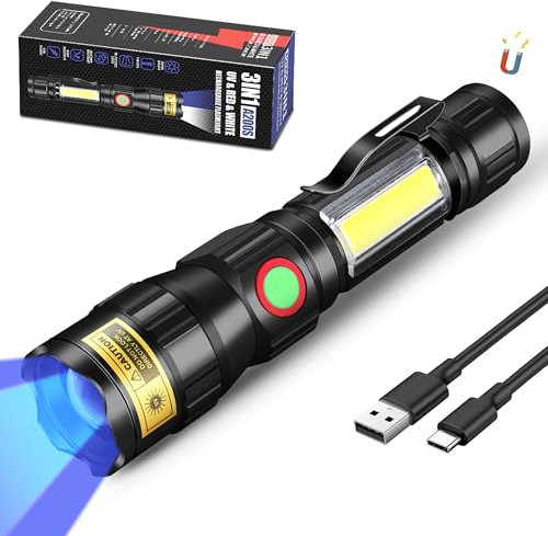 DARKBEAM 365nm UV Torcia elettrica a luce nera LED, 3-in-1 torcia ultravioletta USB-C ricaricabile, luce nera flash potente messa a fuoco per Pet Urine & Rock Detection, polimerizzazione resina