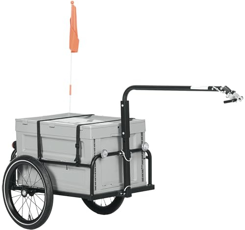 HOMCOM Remorque Chariot à vélo avec Coffre de Rangement Amovible et Pliable de 65L, pneus et réflecteurs de sécurité, Charge maximale de 40KG, Gris