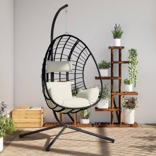 Sufrk Silla colgante con soporte beige de ratán sintético y acero, soporte para silla de huevo colgante, estructura para silla de hierro resistente, soporte para silla mecedora robusta, silla colgante